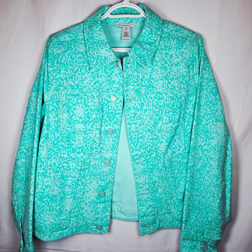 Isaac Mizrahi Live! Reversible Denim Jacket A240475 Womens 10 Aqua Animal Print